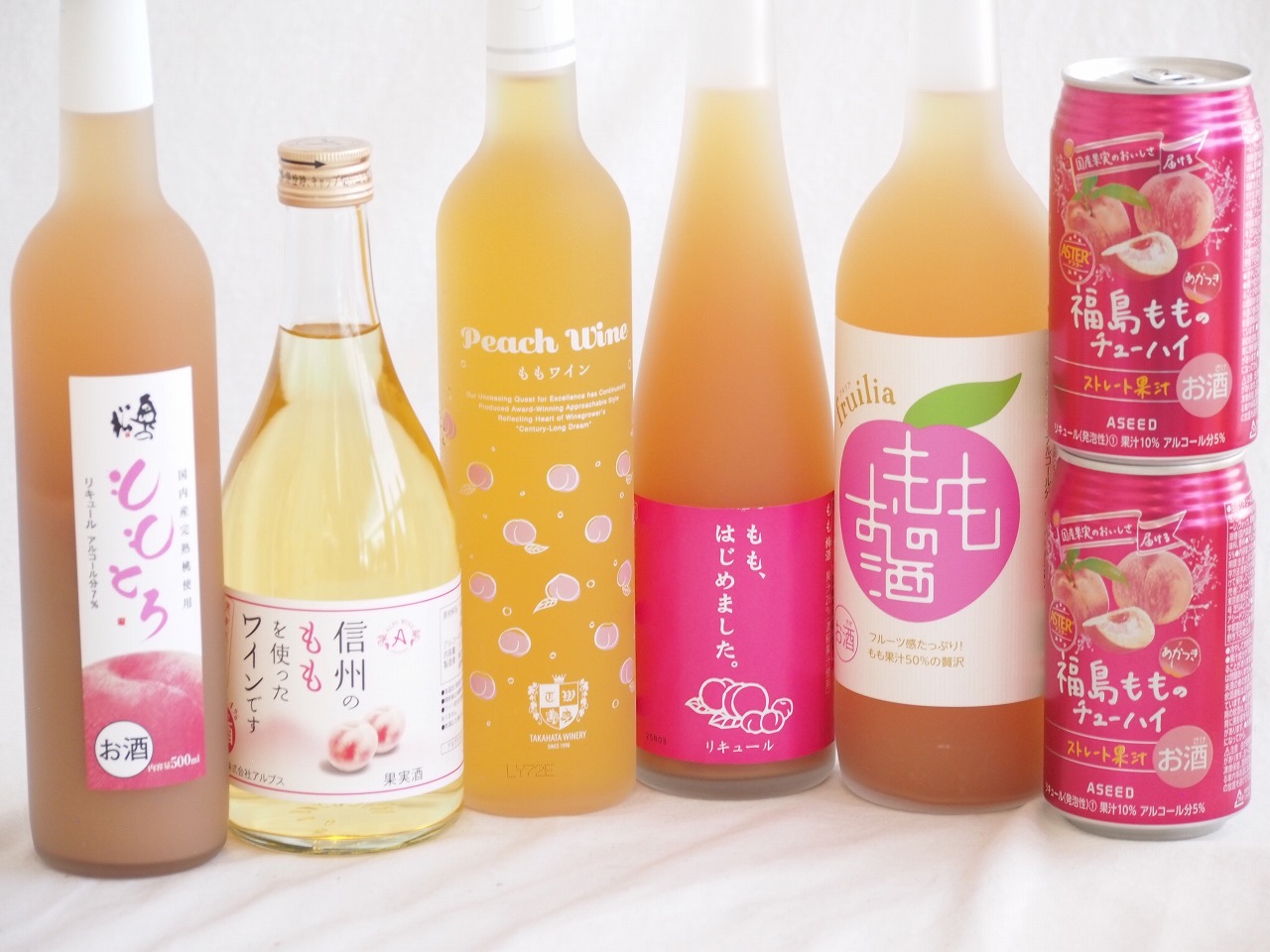 桃の果実感7本セット(高畠ももワイン7度(山形県) 中埜もものお酒 7度(愛知県) 奥の松 ももとろ7 度(福島県) ももはじめました もも梅酒8度(福岡県) アルプス 信州のももを使ったワインです4度(長野県) アシードブリュー 福島もものチューハイ缶