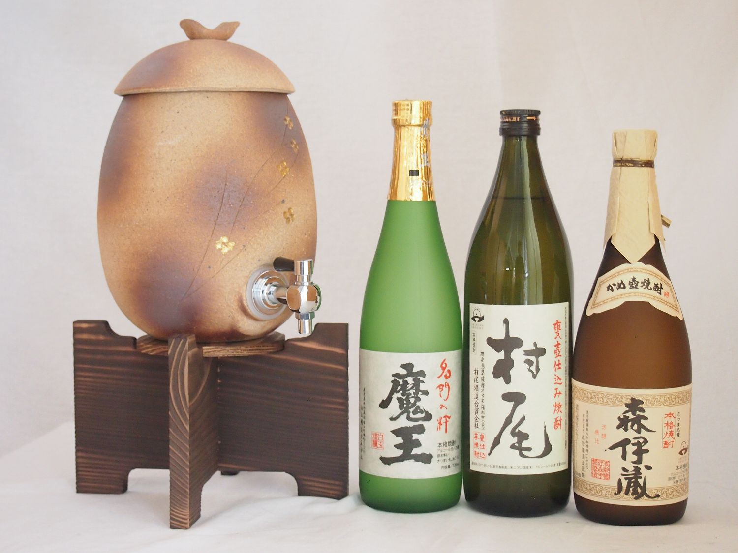 【最大2000円オフクーポン17日1:59迄】信楽焼・明山窯　焼酎サーバー　火色金小紋　2200ｃｃ(滋賀県)芋焼酎2本セット 森伊蔵720ml 村尾900ｍｌ 魔王720ｍｌ(鹿児島)