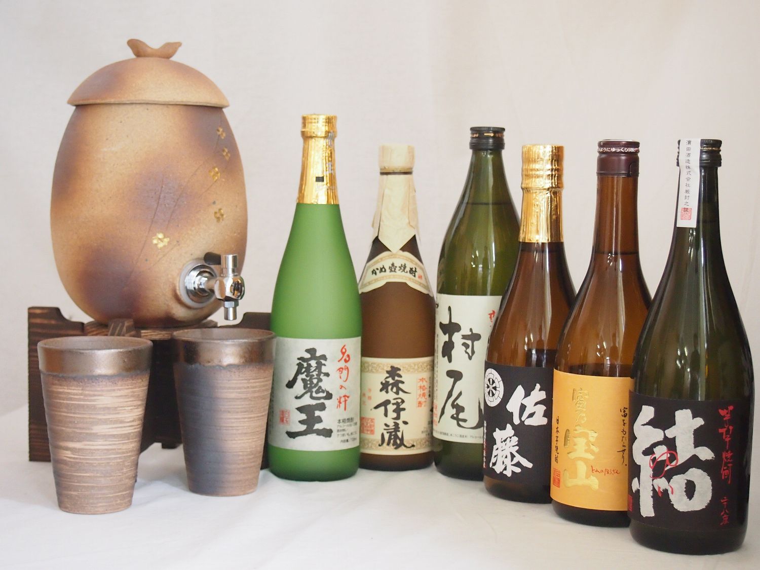 信楽焼・明山窯　焼酎サーバー　火色金小紋　2200ｃｃ(滋賀県)+萬古焼・備前金彩焼酎ペアカップ(三重県)+芋焼酎 佐藤黒 富乃宝山 魔王 森伊蔵 結 720ml 村尾 900ml