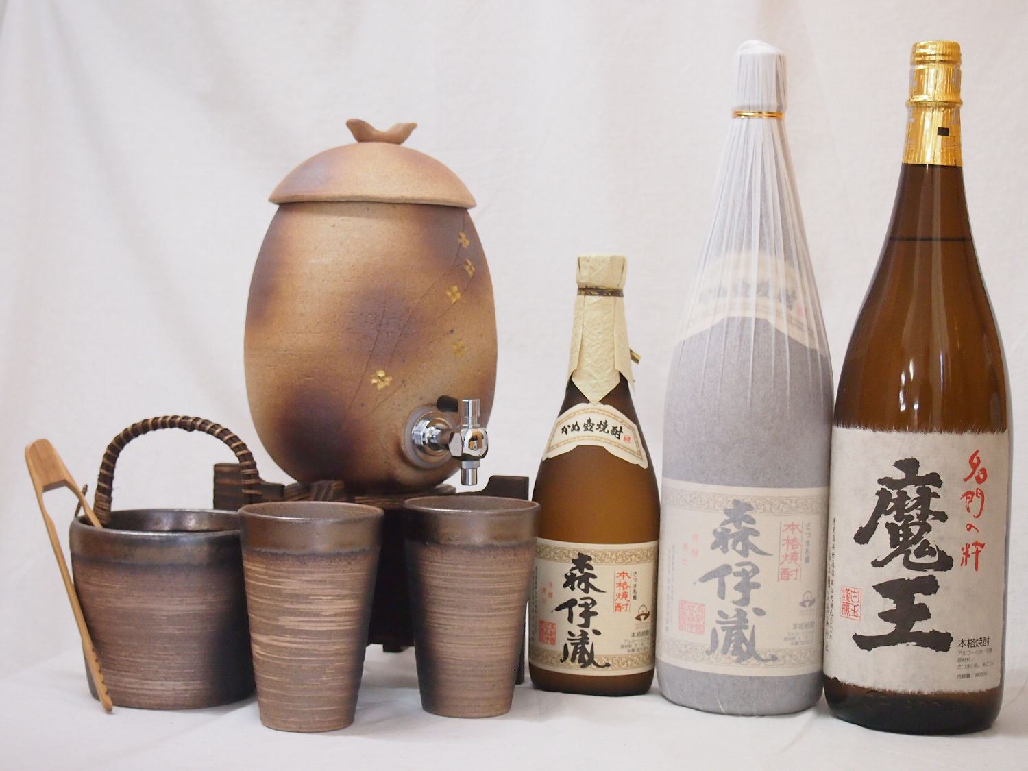 【最大2000円オフクーポン17日1:59迄】信楽焼・明山窯　焼酎サーバー　火色金小紋　2200ｃｃ(滋賀県)+萬古焼・備前金彩焼酎ペアカップ 氷入れ(三重県)+芋焼酎 森伊蔵 720ｍｌ 森伊蔵 魔王 1800ｍｌ