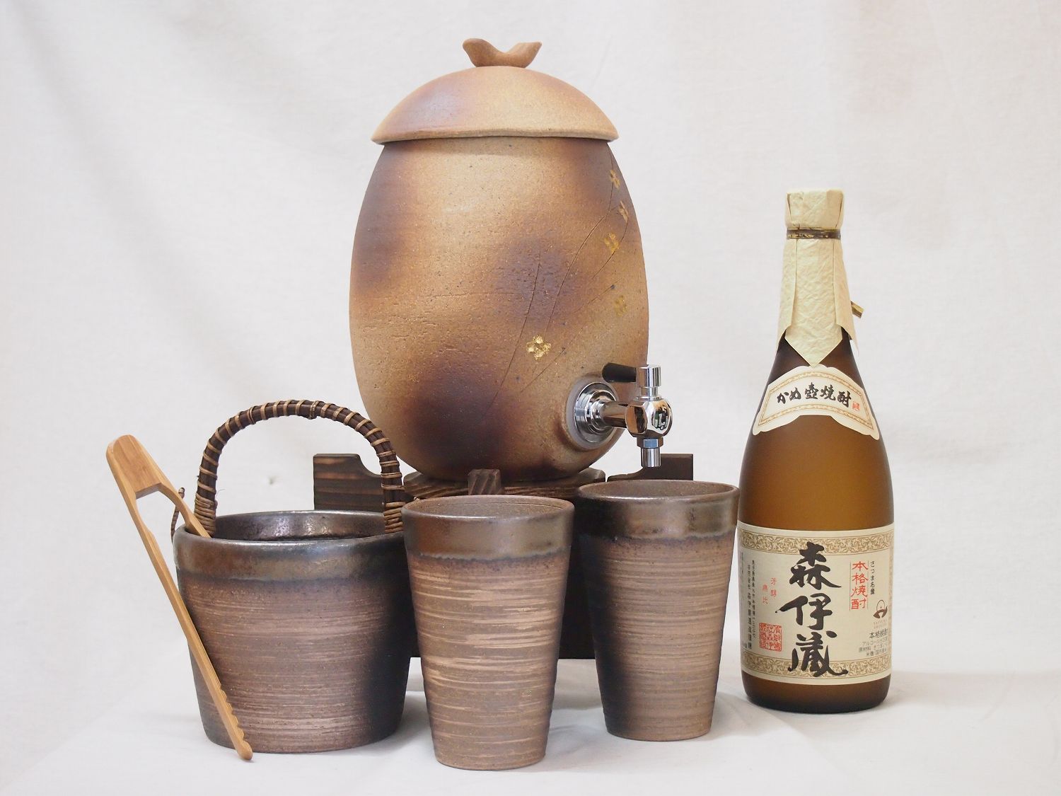 信楽焼・明山窯　焼酎サーバー　火色金小紋　2200ｃｃ(滋賀県)+萬古焼・備前金彩焼酎ペアカップ 氷入れ(三重県)+芋焼酎 森伊蔵 720ml(鹿児島県)