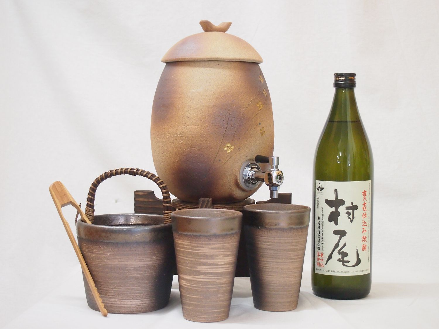 信楽焼・明山窯　焼酎サーバー　火色金小紋　2200ｃｃ(滋賀県)+萬古焼・備前金彩焼酎ペアカップ 氷入れ(三重県)+芋焼酎 村尾 900ml(鹿児島県)