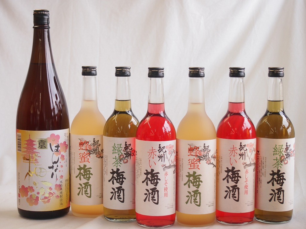 【最大2000円オフクーポン26日1:59迄】カラフル梅酒7本セット(赤しそ赤い梅酒(和歌山) 米焼酎仕込はんなり梅酒(京都) 蜂蜜梅酒(和歌山) 緑茶梅酒(和歌山)) 720ml&times;6本 1800ml&times;1本｜贈り物本舗じざけや