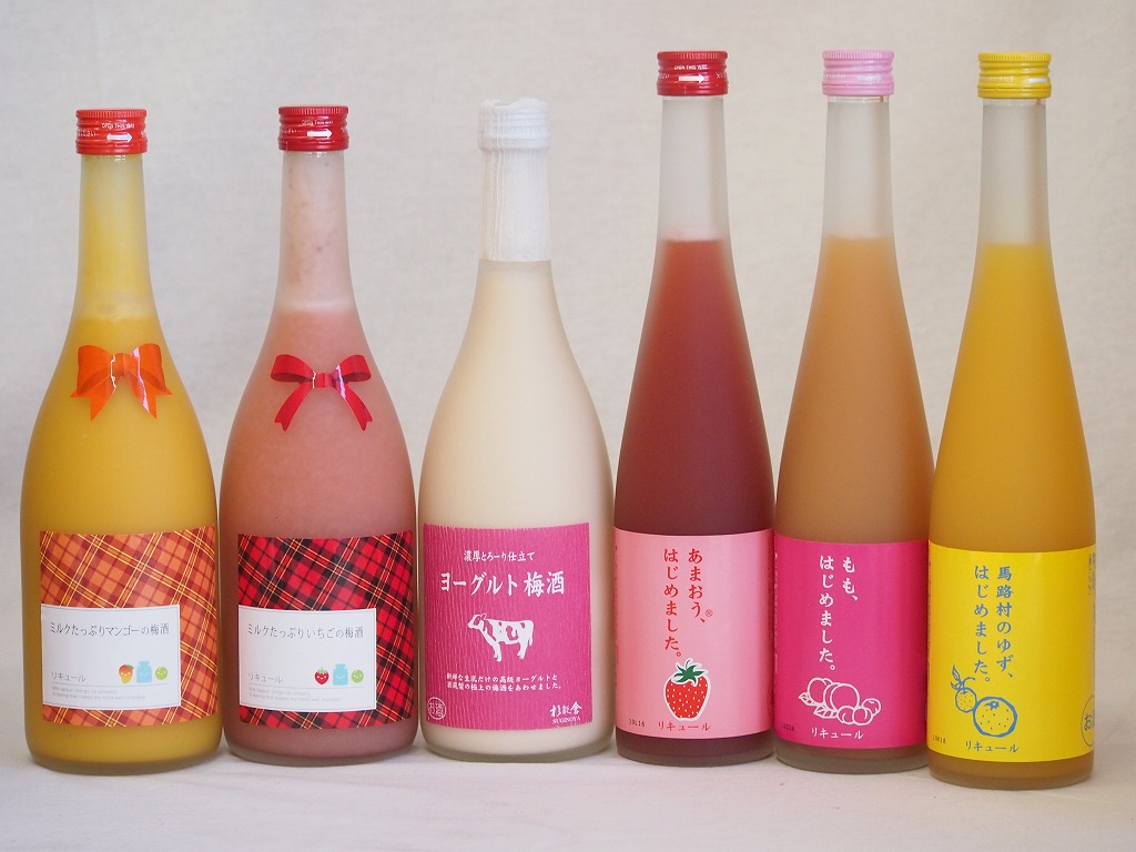 果物梅酒6本セット(あまおう梅酒 ミルクたっぷりいちごの梅酒 ミルクたっぷりマンゴーの梅酒 もも梅酒 ヨーグルト梅酒(福岡) 馬路村のゆず梅酒) 500ml×3本 720ml×3本