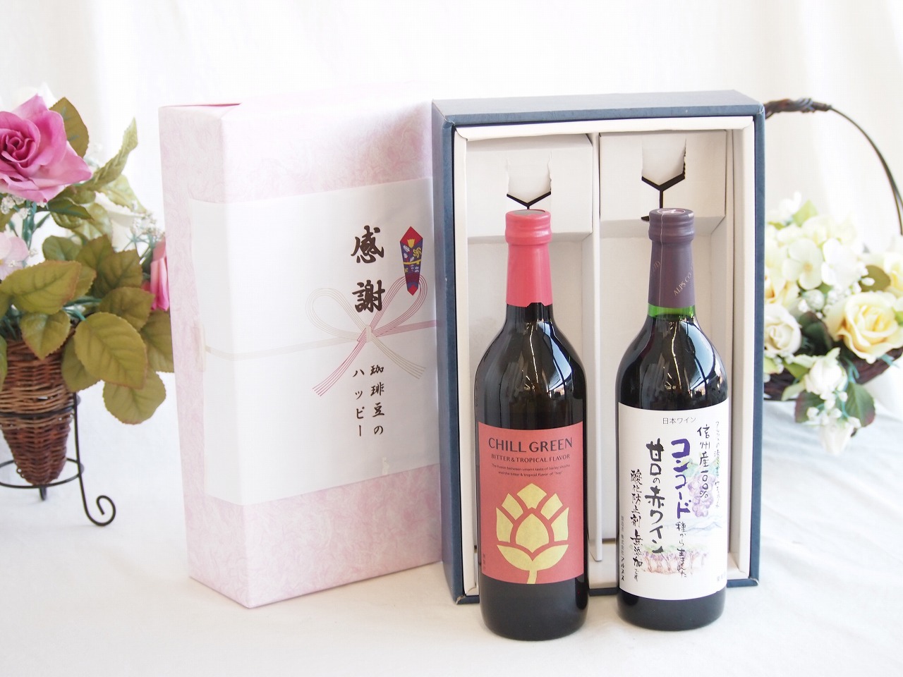 感謝の贈り物ボックス マーガオの柑橘香麦焼酎と国産ワインセット(酸化防止剤無添加 信州コンコード赤ワイン 甘口(長野県)720ml濱田酒造 麦焼酎 チルグリーン ビター＆トロピカル(長崎県) 750ml 4,377円