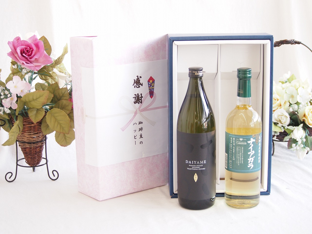 感謝の贈り物ボックス ライチのような香りの芋焼酎と国産ワインセット(長野県産葡萄使用 ナイアガラ白ワイン やや甘口(山梨県)720ml濱田酒造 芋焼酎だいやめ25度(鹿児島県)900ml