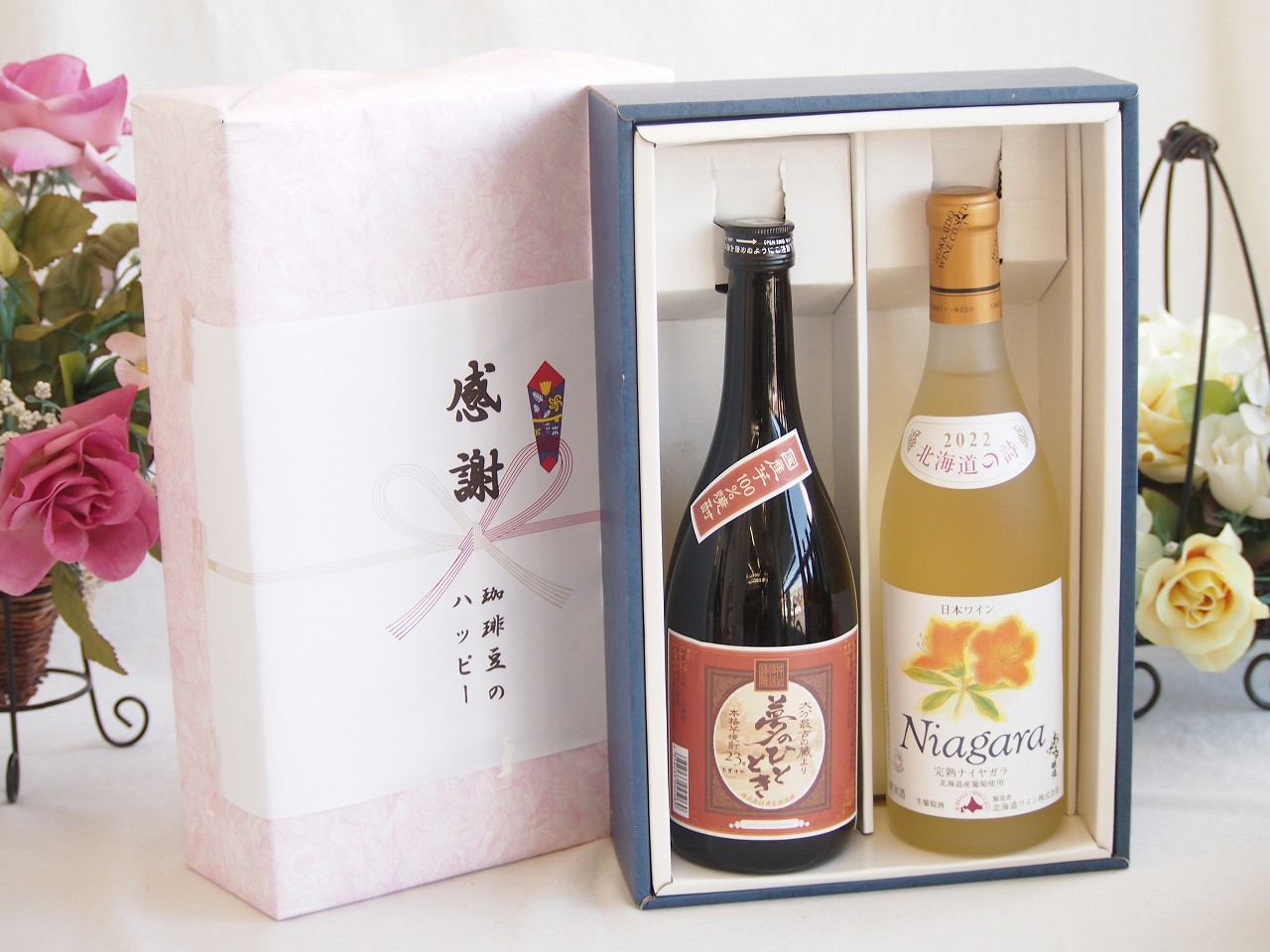 【最大2000円オフクーポン17日1:59迄】春の贈り物便り 感謝の贈り物ボックスプレミアムな芋焼酎と国産ワインセット (北海道の詩 完熟ナイヤガラ白ワイン 甘口(北海道)720ml大分井上酒造夢のひととき23°720ml