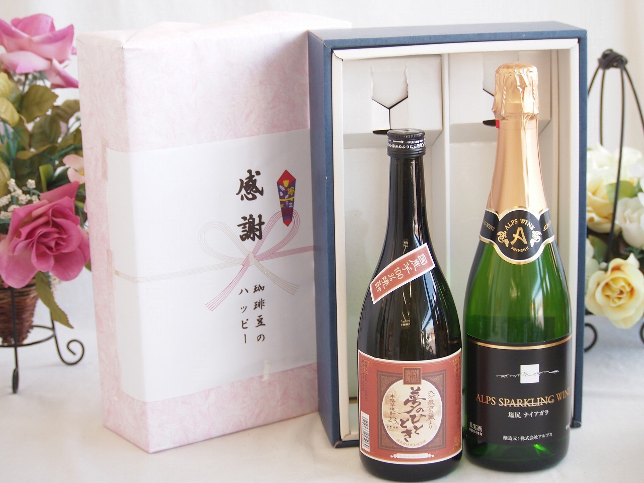 【最大2000円オフクーポン17日1:59迄】春の贈り物便り 感謝の贈り物ボックスプレミアムな芋焼酎と国産ワインセット (塩尻ナイアガラスパークリング白ワインやや甘口(長野県)720ml大分井上酒造夢のひととき23°720ml