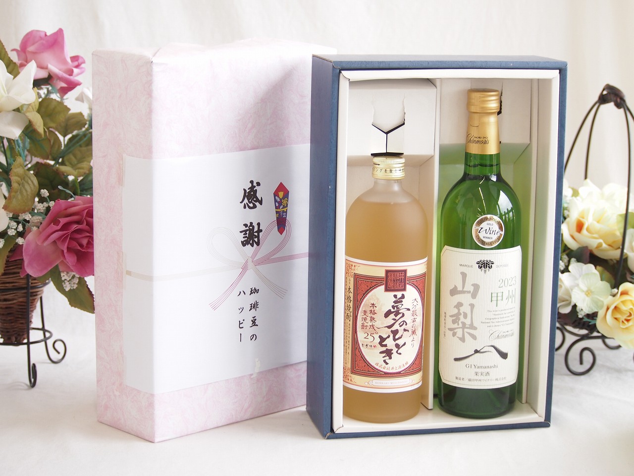 【最大2000円オフクーポン17日1:59迄】春の贈り物便り 感謝の贈り物ボックス プレミアムな麦焼酎と国産ワインセット(山梨 甲州 白ワイン やわらかな辛口(山梨県)750ml夢のひととき熟成麦焼酎25°(大分県)720ml