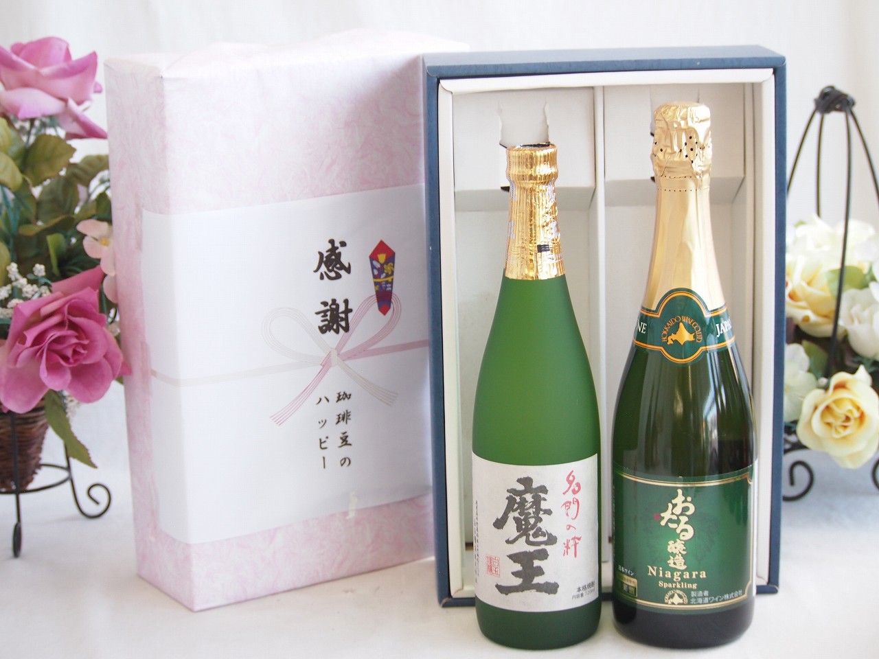 春の贈り物便り 感謝の贈り物ボックス プレミアムな芋焼酎魔王と国産ワインセット(おたる醸造 ナイアガラス白パークリングワインやや甘口(北海道)720ml魔王(鹿児島県)720ml
