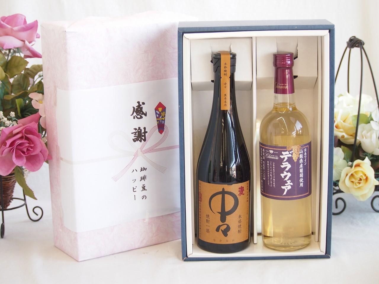 【最大2000円オフクーポン17日1:59迄】春の贈り物便り 感謝の贈り物ボックス プレミアムな麦焼酎中々と国産ワインセット(山梨県産葡萄使用 デラウエア白ワイン やや辛口(山梨県)720ml黒木本店 麦焼酎 中々720ml