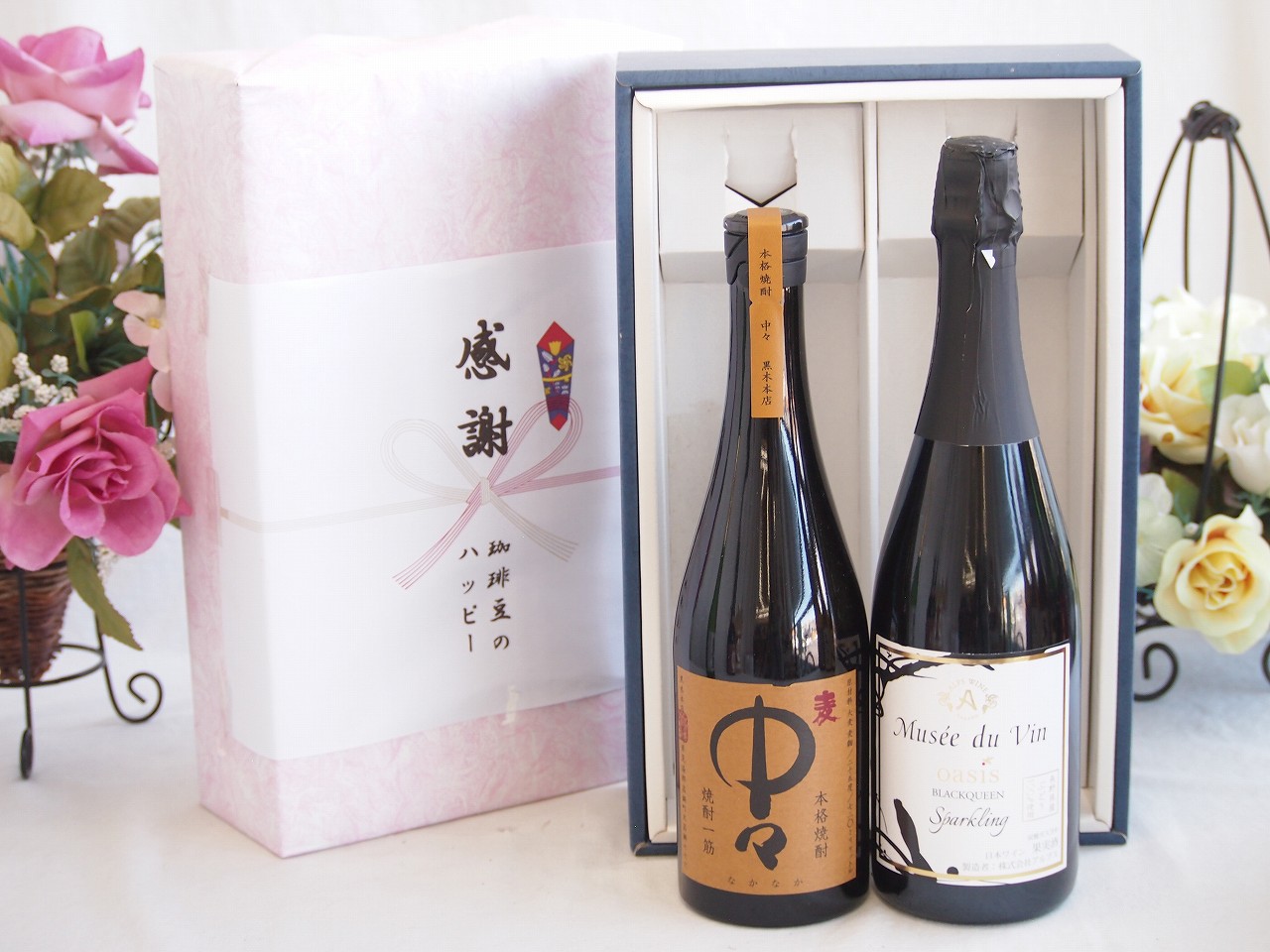 【最大2000円オフクーポン17日1:59迄】春の贈り物便り 感謝の贈り物ボックス プレミアムな麦焼酎中々と国産ワインセット(MdV オアシス ブラッククイーン白スパークリングワイン辛口(長野県)750ml黒木本店 麦焼酎 中々720ml