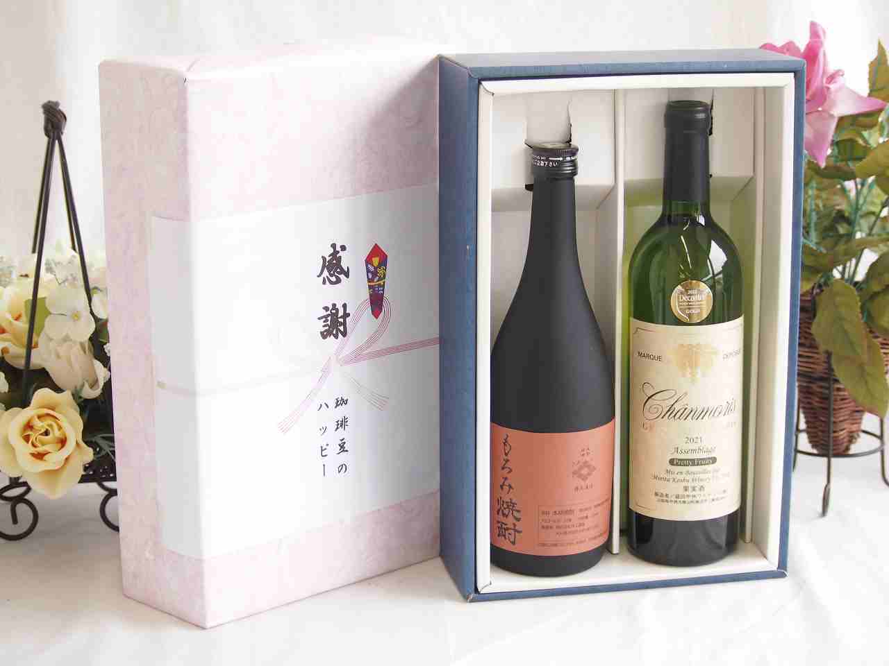 春の贈り物便り 感謝の贈り物ボックス 酒粕だけの焼酎と国産ワインセット(グランシャンモリ アッサンブラージュ 白ワイン 辛口(山梨県)750ml大分県井上酒造もろみ焼酎32度 720ml