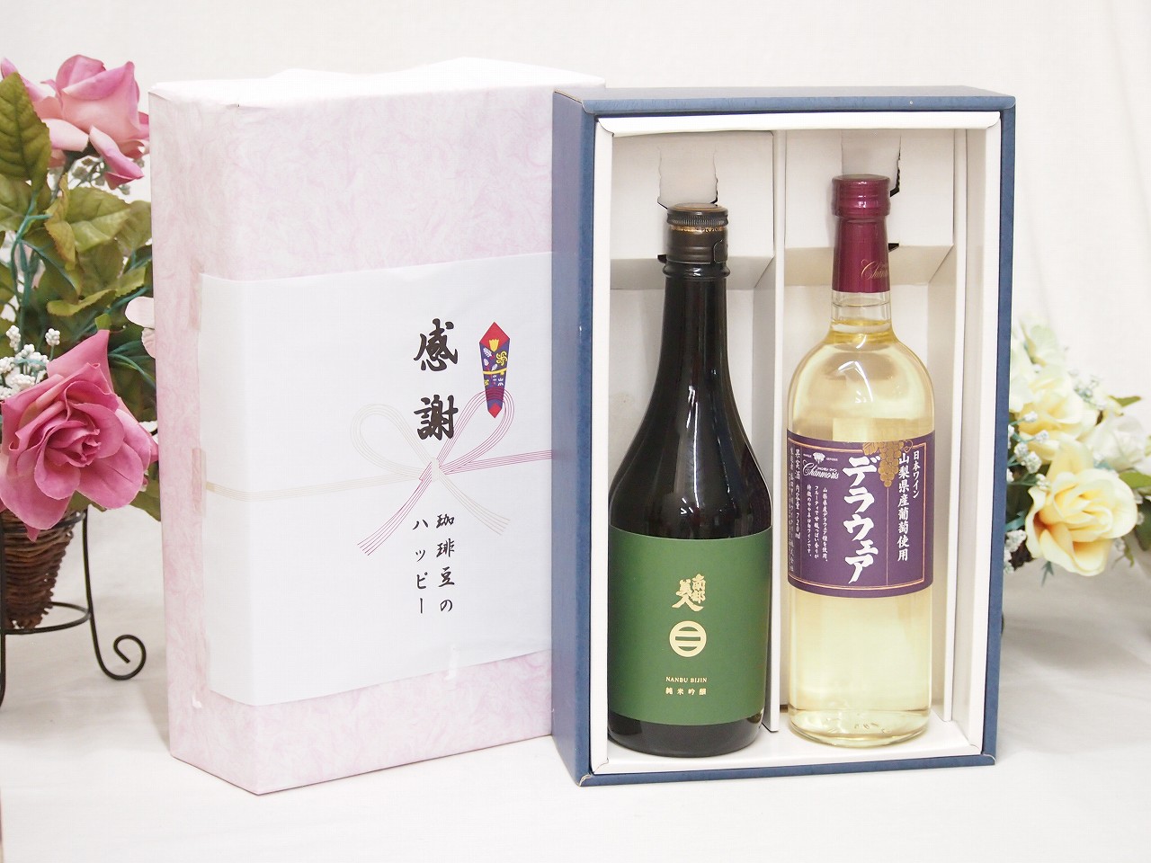 【最大2000円オフクーポン17日1:59迄】春の贈り物便り 感謝の贈り物ボックス 旨味が際立ち南部美人と国産ワインセット(山梨県産葡萄使用 デラウエア白ワイン やや辛口(山梨県)720ml日本酒南部美人純米吟醸 (岩手県)720ml