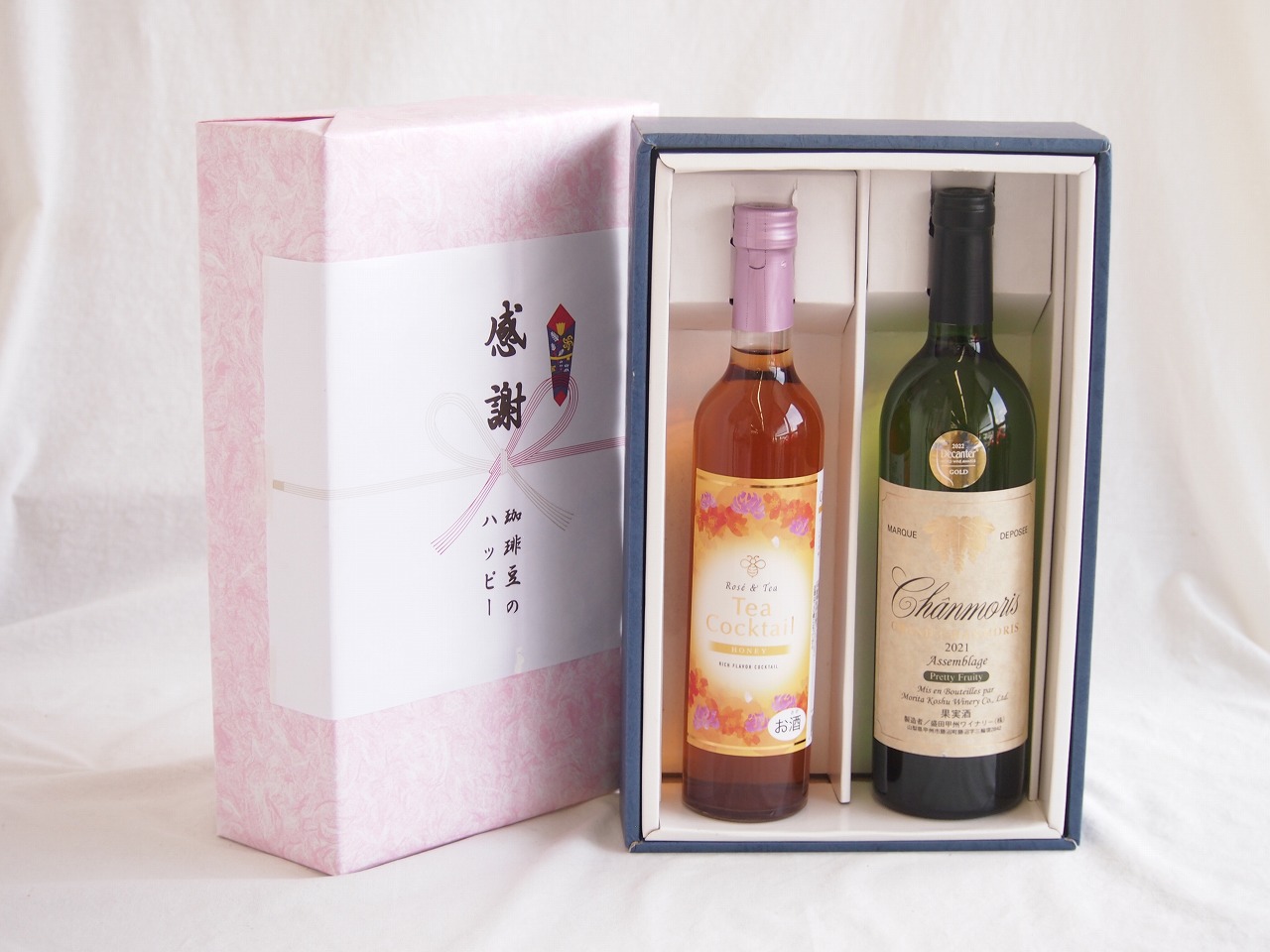 感謝の贈り物ボックス 紅茶カクテルと国産ワインセット(グランシャンモリ アッサンブラージュ 白ワイン 辛口(山梨県)750mlティーカクテル ハニー7% 500ml