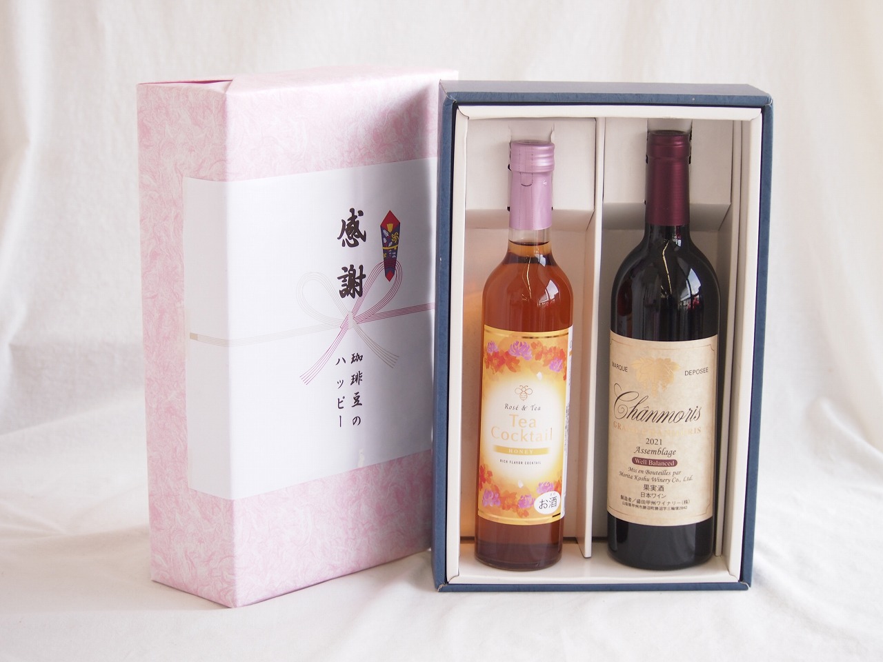 感謝の贈り物ボックス 紅茶カクテルと国産ワインセット(グランシャンモリ アッサンブラージュ 赤ワイン 重口(山梨県)750mlティーカクテル ハニー7% 500ml