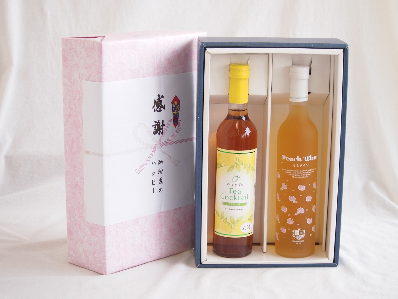 感謝の贈り物ボックス 紅茶カクテルと国産ワインセット(フルーツももワイン 高畠ワイナリー甘口(山形県)500mlティーカクテル レモン500ml