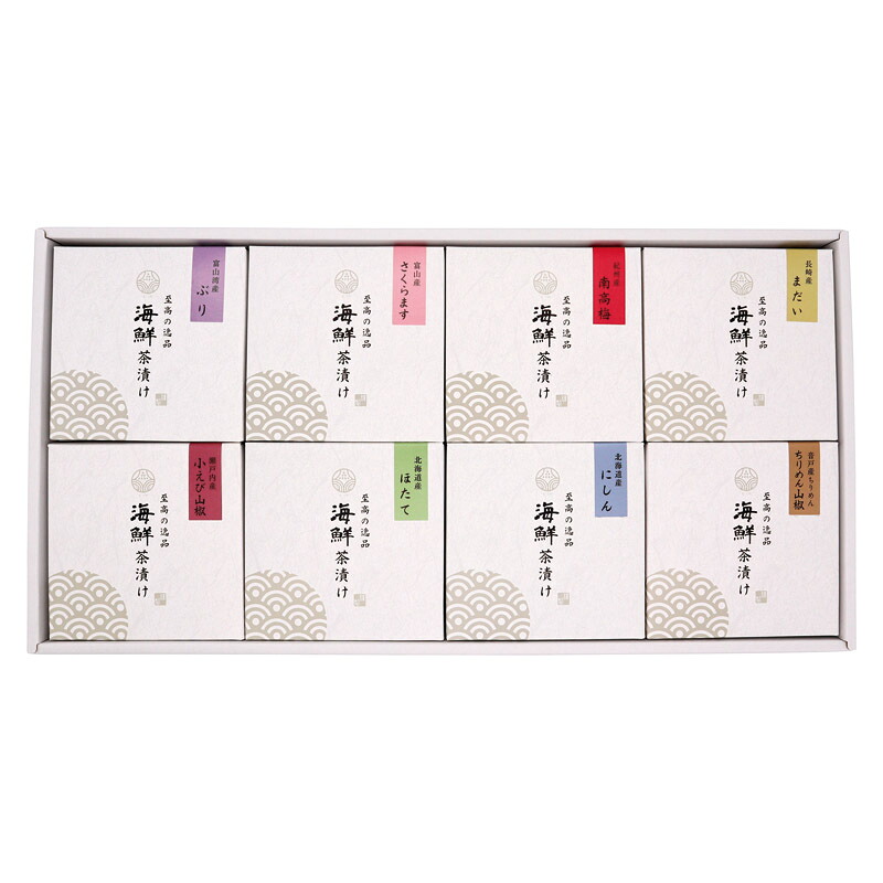 夏の差し上げ物お中元 国産具材だし茶漬け仕掛ける かね七 だし露いささかも（30g）･茶漬け香辛料（0.5g）×各8、富山湾産ぶり水煮･富山県産さくらます水煮･長崎県産まだい水煮･北海道産ほたて水煮･北海道産にしん甘露煮･音戸産ちりめん山椒（15g）･瀬戸内産小えび山