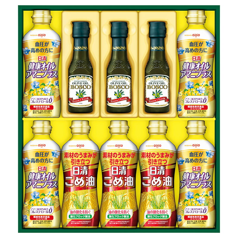 【最大限度2000円オフクーポン11日1:59迄】夏の差し上げ物お中元 ボスコ\u0026バラエティオイルギフト 日清オイリオ 思わしいオイルアマニプラス（350g）×4、こめ油（350g）･ボスコエキストラバージンオリーブオイル（140g）×各3