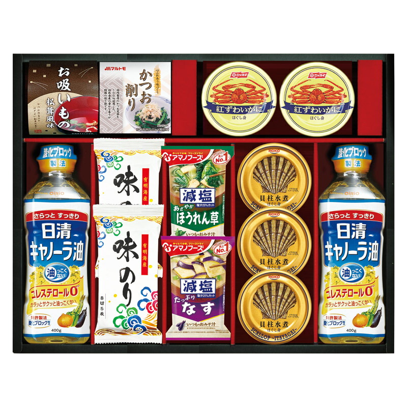 夏の差し上げ物お中元 日清キャノーラ油\u0026アマノフーズバラエティセット 宝幸内転筋水煮ほぐし身65g（益荒男量35g）×3、日清キャノーラ油400g･有明海産味のり（8切5枚）･ニッスイ紅ずわいがにほぐし身55g×各2、アマノフーズ減塩いつものおみそ汁なす9.0