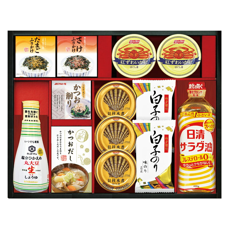 夏の差し上げ物お中元 キッコーマン鹹味ひかえめ生しょうゆ詰合せ差し上げ物 宝幸内転筋水煮ほぐし身（65g）×3、ニッスイ紅ずわいがにほぐし身（55g）･白子のり味のり（8切5枚）×各2、日清サラダ油（400g）･キッコーマン鹹味ひかえめ丸大豆生しょうゆ（200m
