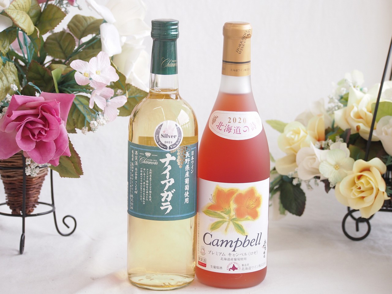 【最大2000円オフクーポン17日1:59迄】長野県産葡萄ナイアガラ種使用ワインと国産ワイン2本セット(北海道の詩 プレミアムキャンベルロゼワイン 甘口(北海道)720mlナイアガラやや甘口白ワイン(山梨県)720ml