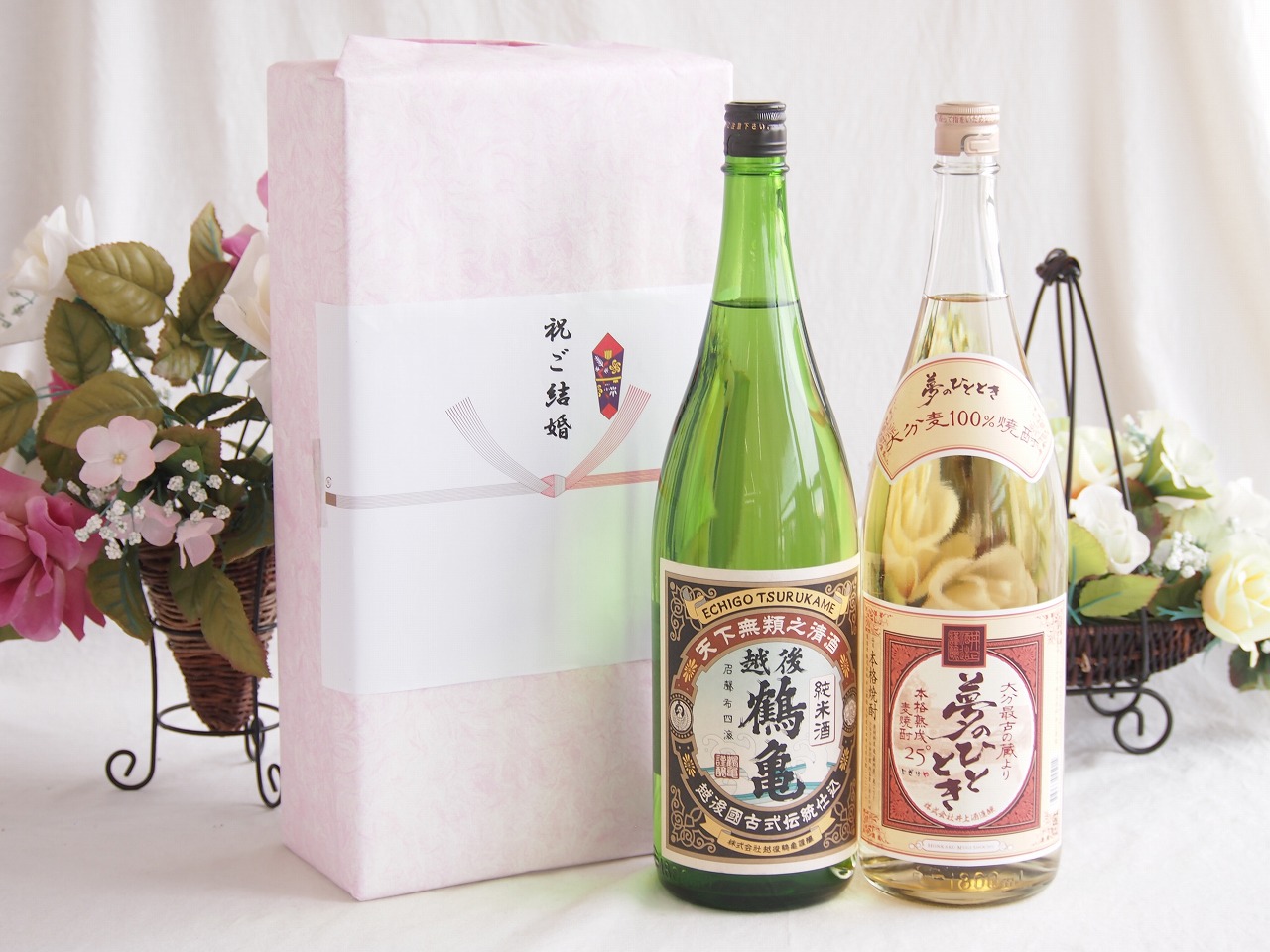 祝福の気持ちを寿々の香り日本酒セット 越後鶴亀 純米酒(新潟県)井上酒造 夢のひととき麦焼酎（大分県）1800ml×2本 6,502円