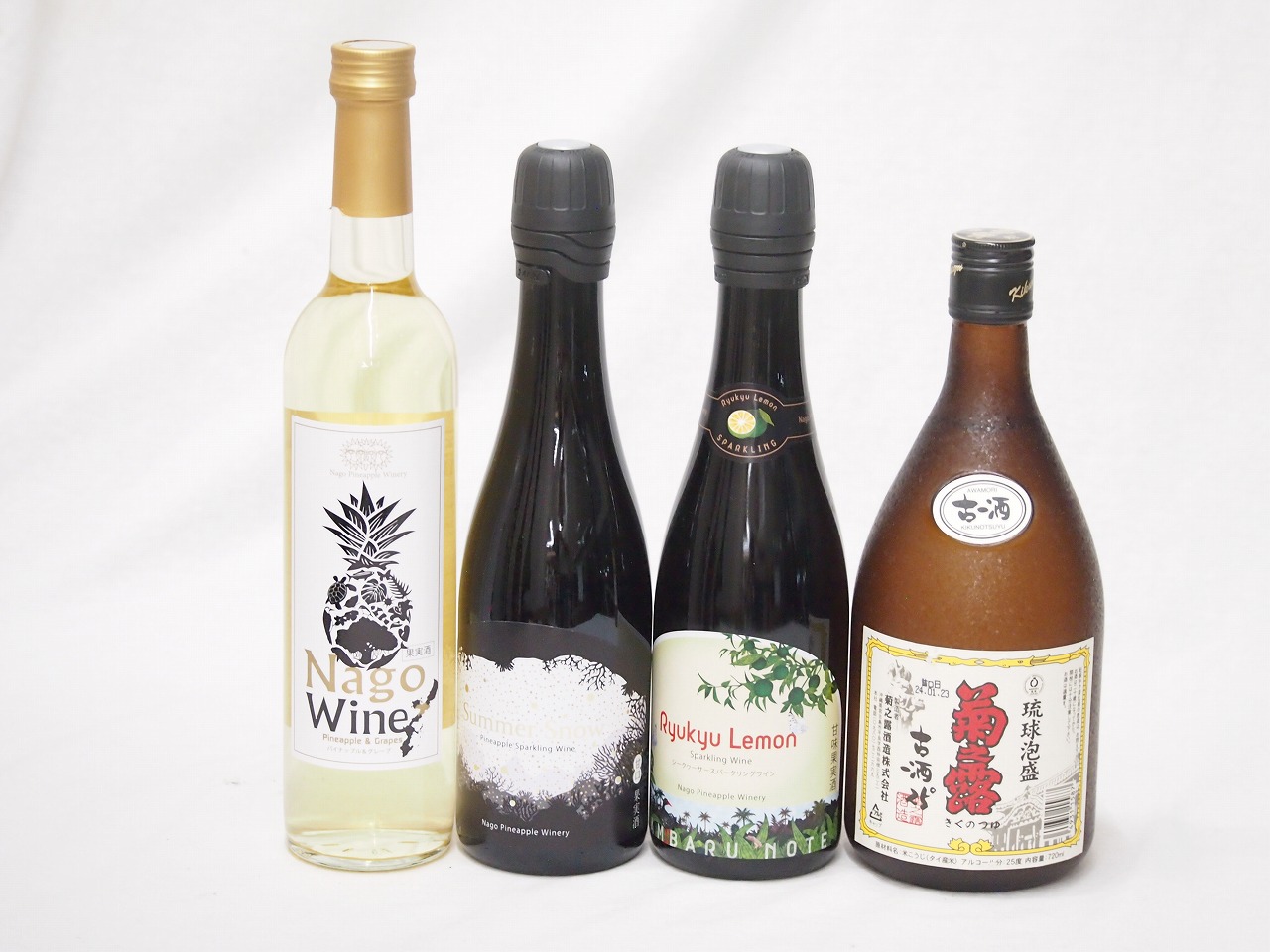 トロピカルな沖縄特集4本セット(リュウキュウレモンシークワーサースパークリング甘口(沖縄) サマースノーパイナップルスパークリング甘口(沖縄) パイナップル＆グレープ 白ワイン甘口10度(沖縄県) 菊之露酒造 琉球泡盛古酒25度(沖縄県)) 375ml×