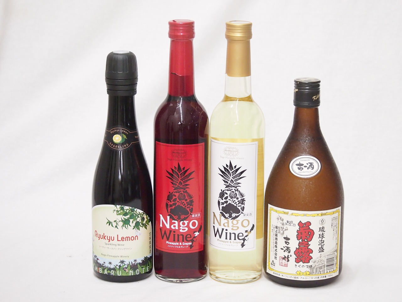 トロピカルな沖縄特集4本セット(リュウキュウレモンシークワーサースパークリング甘口(沖縄) パイナップル＆グレープ 白ワイン甘口10度(沖縄県) パイナップル＆グレープ 赤ワイン 甘口10度(沖縄県) 菊之露酒造 琉球泡盛古酒25度(沖縄県)) 375m