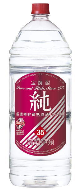 ［焼酎甲類］１ケースで１梱包★ 宝　３５度　純　４ＬＰＥＴ　 １ケース４本入り　 （４０００ｍｌ・４リットル）（赤ラベル）（タカラ）宝酒造