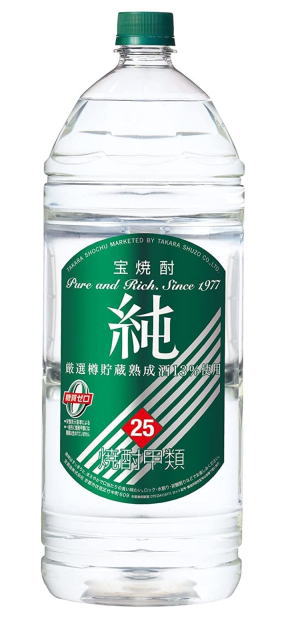 ［焼酎甲類］１ケースで１梱包★ 宝　２５度　純　４ＬＰＥＴ　 １ケース４本入り　 （４０００ｍｌ・４リットル）（緑ラベル）（タカラ）宝酒造