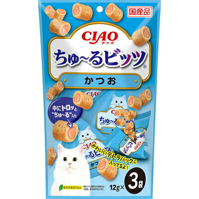 ［愛玩動物ボンネット］４書き割りまで同梱可★ＣＩＡＯ ちゅ～るビッツ かつお １２ｇ×３袋入り口・入口 ４８個 【１書き割り】（６×８入り口・入口）（国産品）（お兄ちゃん）（素っ気ない容器に並べる）（カツオ・鰹）（キャットフード）（チャオ）（チュール）いなば愛玩動物ボンネット株式会社