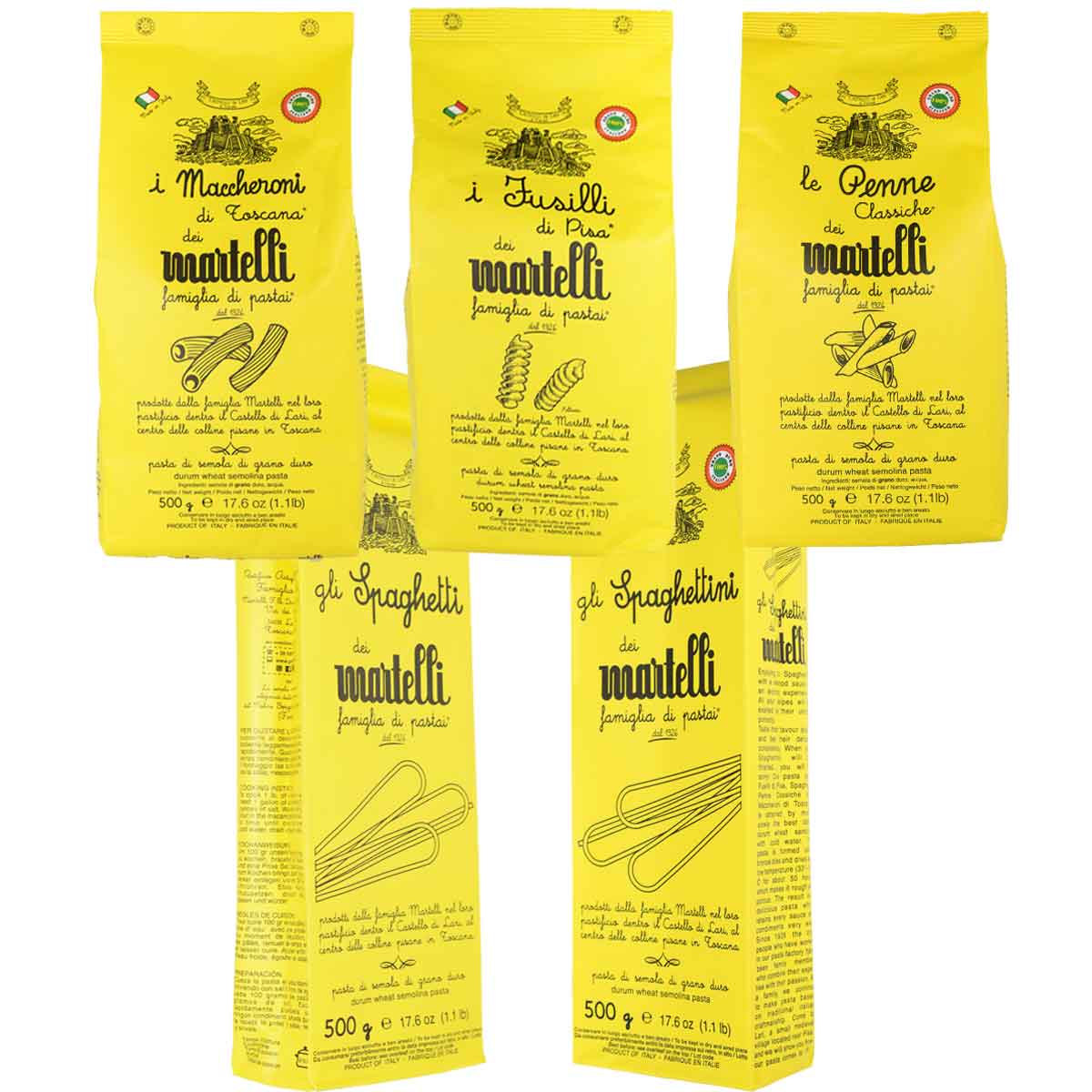 マルテッリ パスタ5種食べ比べセット［ペンネ］［フジッリ］［マカロニ］［スパゲッティ］［スパゲッティーニ］Martelli