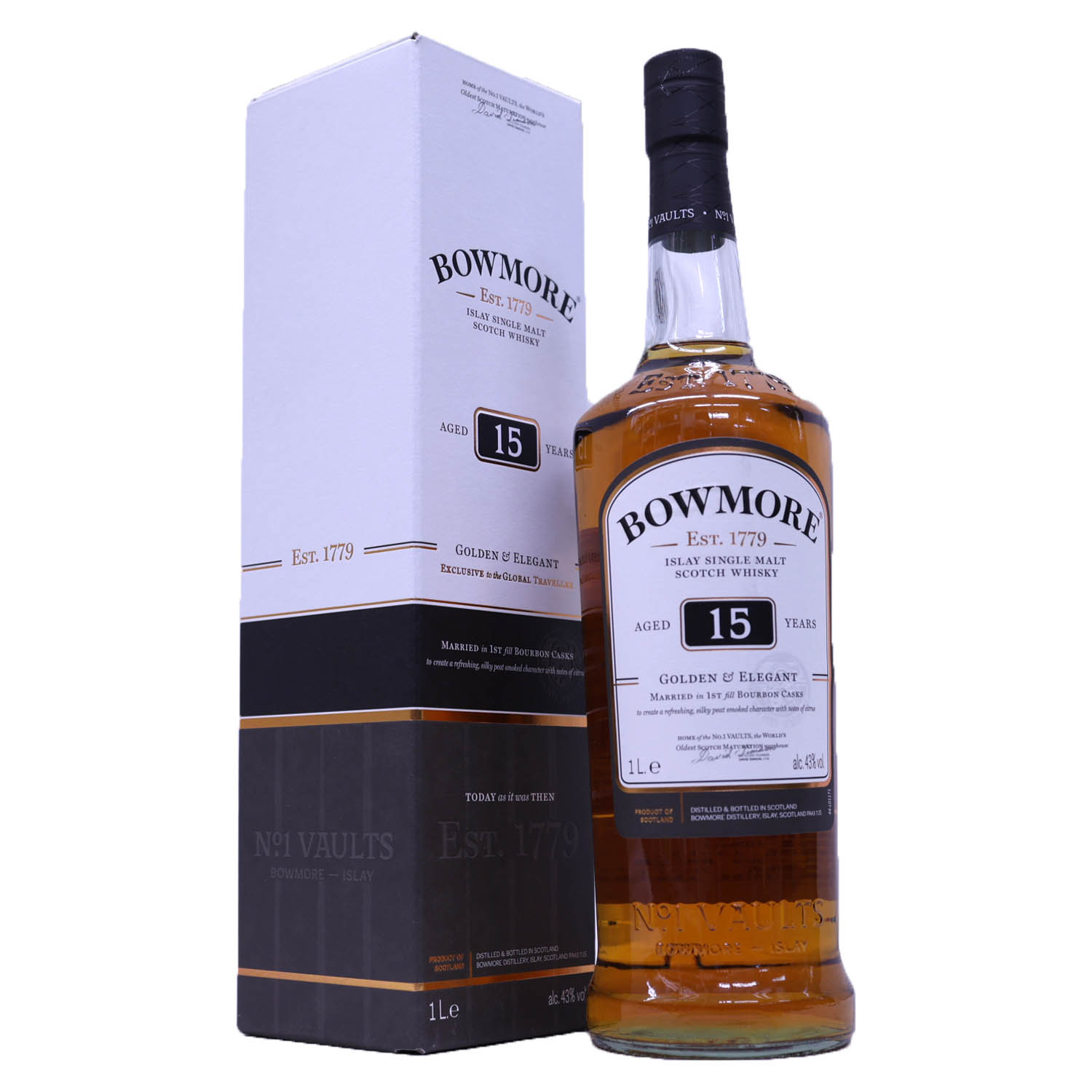 ファーストフィルのバーボン樽熟成　ボウモア15年ゴールデン＆エレガント43度1000ml 10,780円