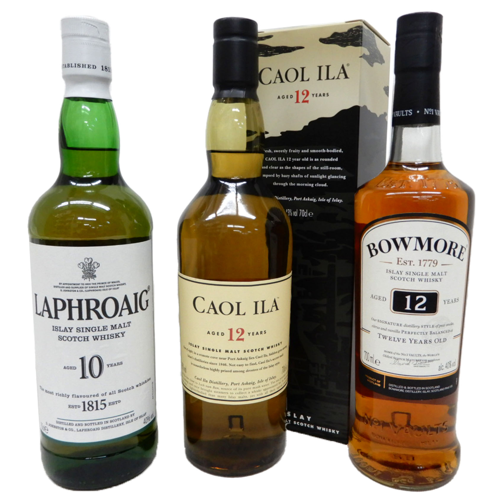 スモーキーなアイラモルト 飲み比べ3本セット　ラフロイグ10年40度750ml[箱無し]、ボウモア12年700ml[箱無し]、カリラ12年700ml