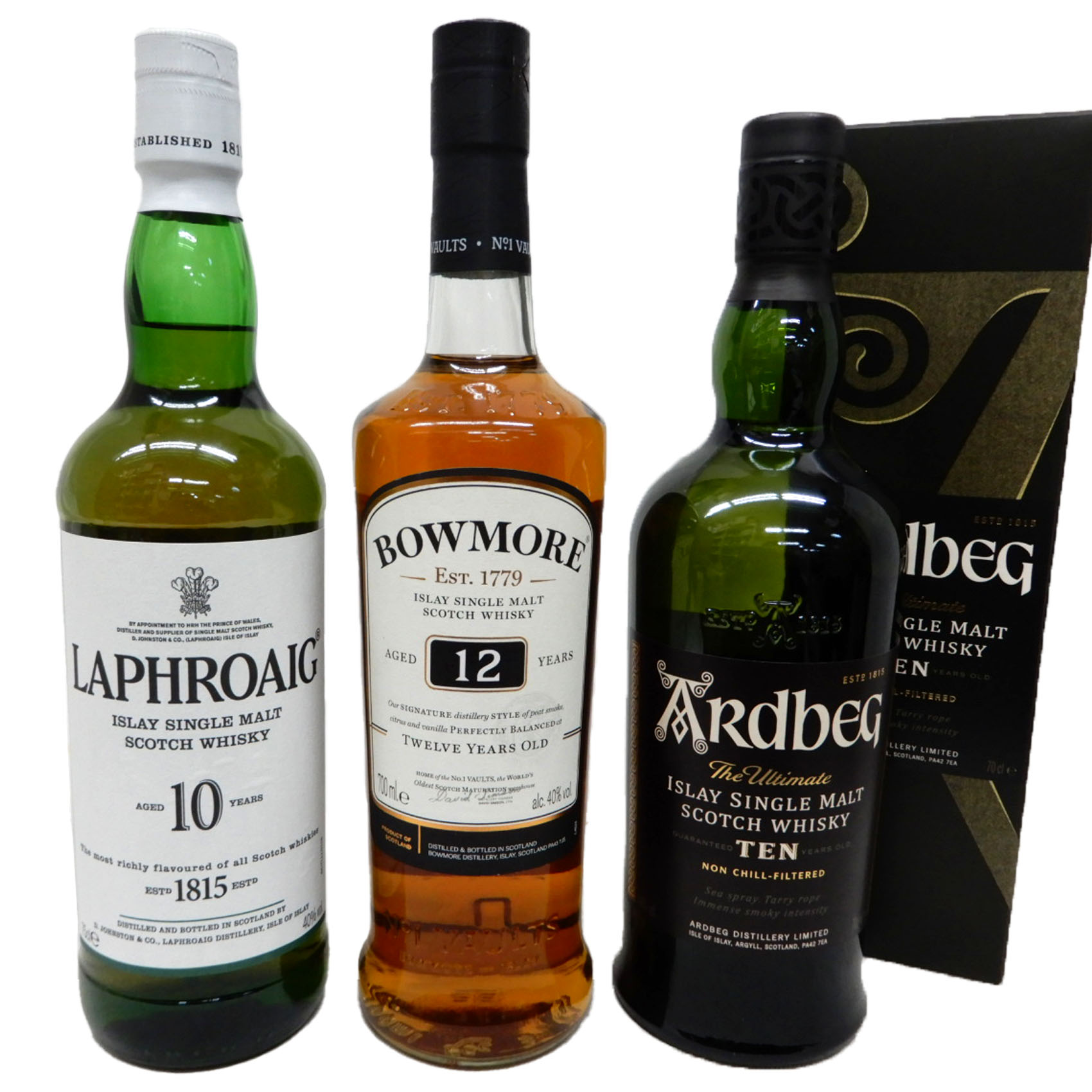 アイラ飲み比べ3本セット　アードベッグ10年46度700ml、ラフロイグ10年40度750ml※箱無し、ボウモア12年43度700ml※箱無し