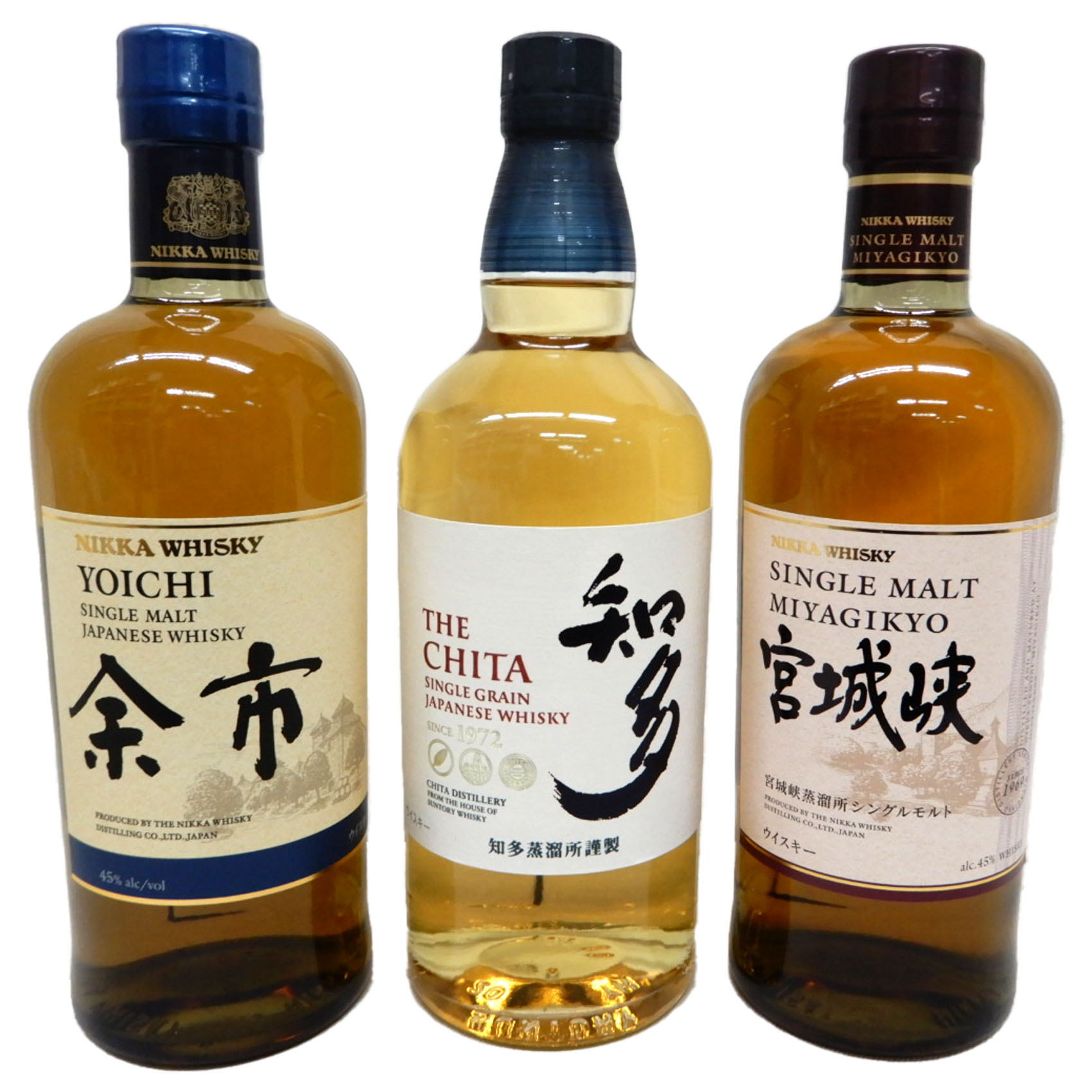 国産ウイスキー飲み比べ3本　知多(ちた)グレーン43度700ml　＆　シングルモルト宮城峡45度700ml、シングルモルト余市45度700ml｜なんでも酒店