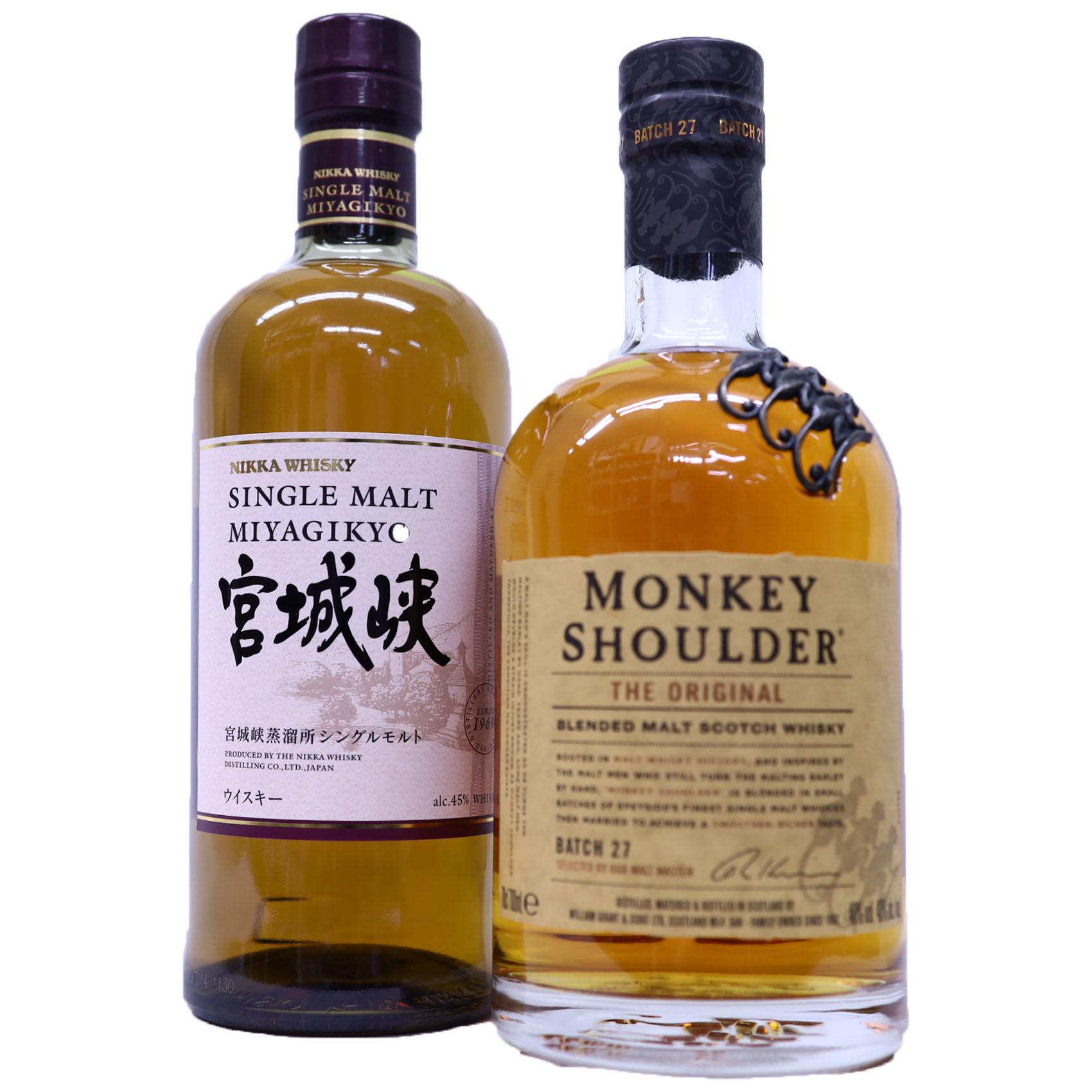 ウイスキー飲み比べ2本セット　シングルモルト宮城峡 45度700ml ＆ ブレンデッドモルトウイスキー モンキーショルダー 40度700ml