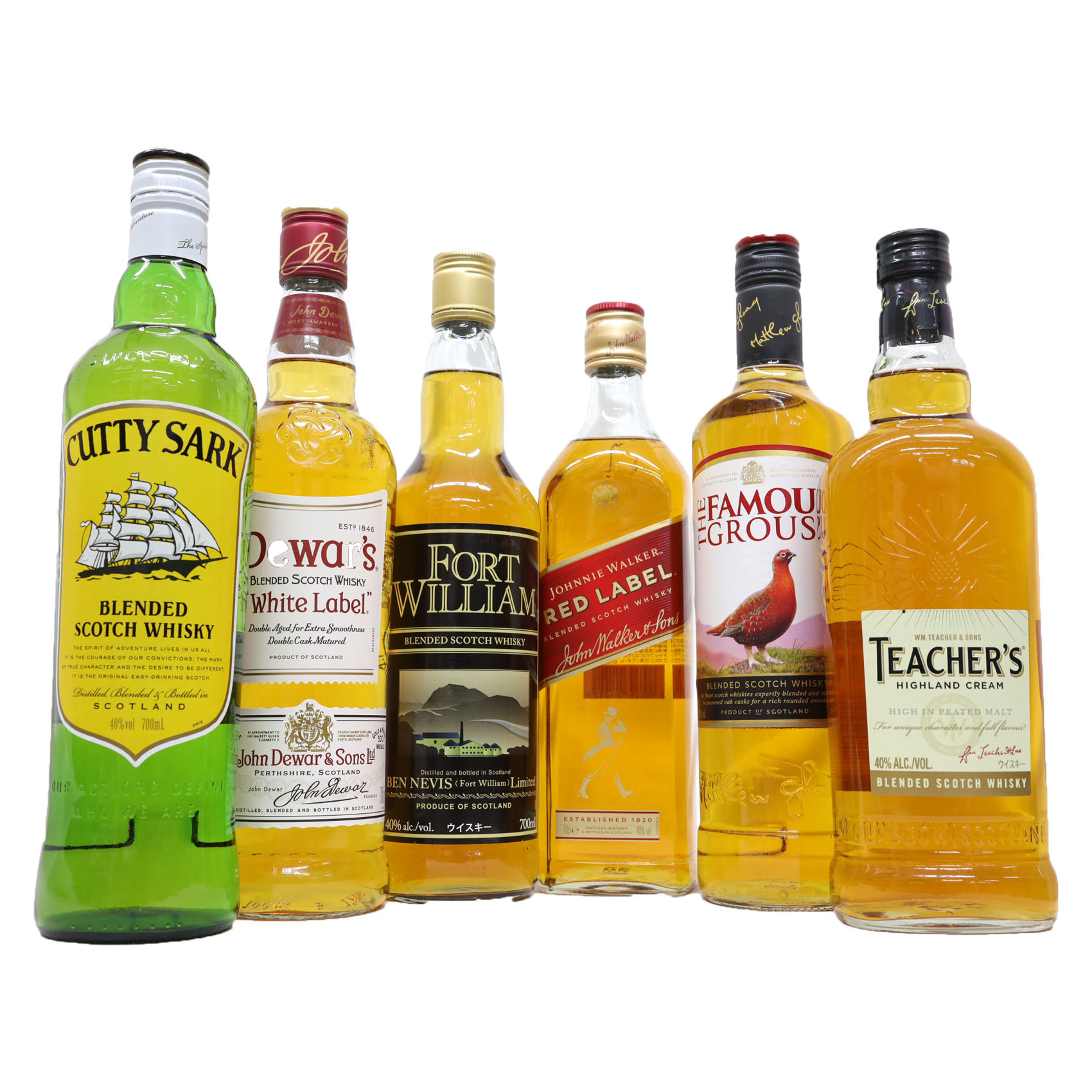 飲み比べウイスキー6本　ジョニ赤,デュワーズ,フォートウイリアム,ティーチャーズ,フェイマスグラウス,カティーサーク700ml