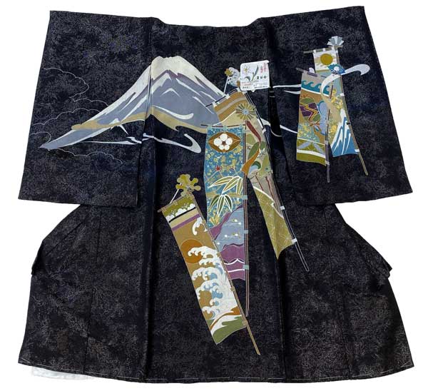 【 レンタル・ご購入　商品 】お宮参り 男児 高級 熨斗目 初着ご購入・レンタルのどちらかをお選びください（価格はレンタル価格です。ご購入の場合は158,000円となります）黒色地（全体に銀糸が織り込まれています）：富士山（フジ）｜さくら小町　店