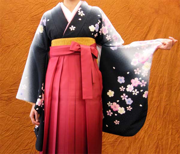 【賃借】賃借 きもの 黒・桜柄 絵羽 ２尺袖【１週賃借（６泊７日）】《賃借用御召しもの》【往復貨物輸送無料】
