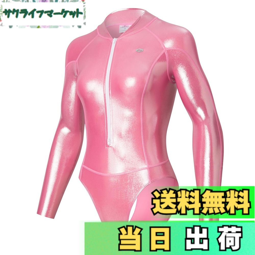 【貨物輸送無料】[LEOHEX] 超光輝セクシースタイリッシュダイビングスタイルハイレグ長袖競泳水泳着(サクラ色,XL)