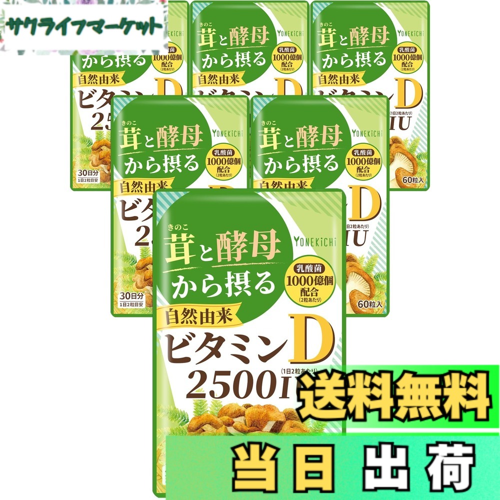 【貨物輸送無料】【気取らない謂われ因縁 ヴィタミンD 加えること】2500IU 茸と酵母菌から摂るヴィタミンD（舞茸 エリンギ 酵母菌） 乳酸菌 1000億個練りあわせる 国内生み出すこと 60粒 6袋書き割り
