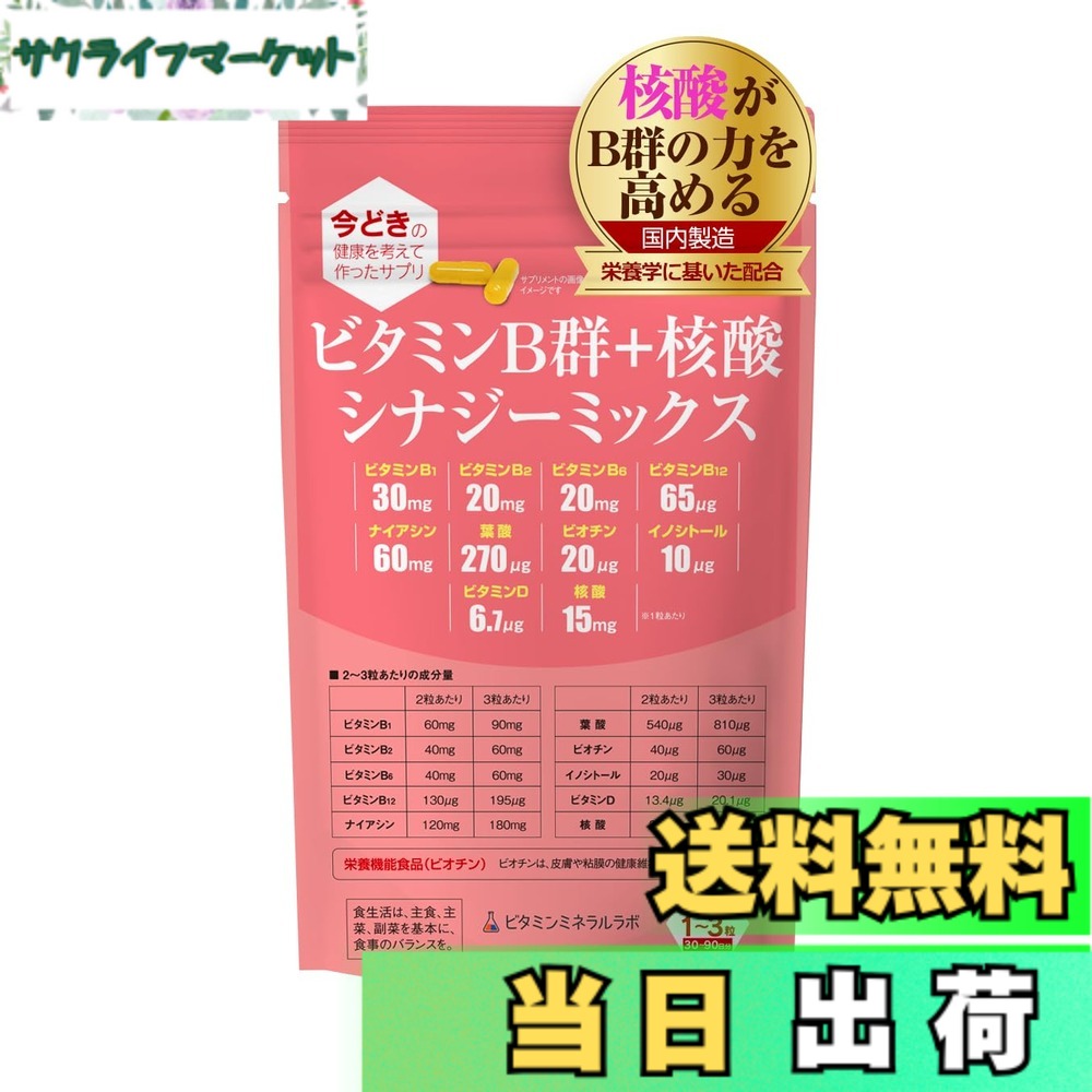 【送料無料】ビタミンB群+核酸 シナジーミックス【90粒入】1袋「ナイアシン」「核酸」強化配合/B1,B2,B6,B12,ナイアシン,イノシトール,パントテン酸,ビオチン/栄養のプロがプロデュース・おすすめのサプリ