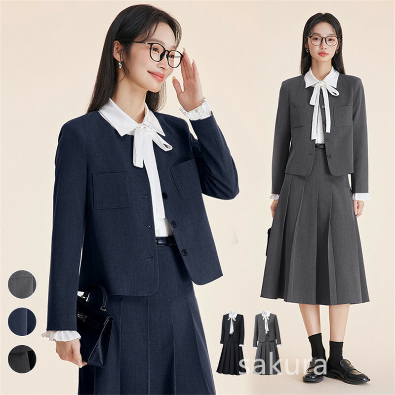 スーツ レディース スカート ノーカラー 事務服 セット シャツ 制服 オフィス 仕事 ビジネス 大きいサイズ 3点セット ネイビー 黒 ビジネス 通勤 仕事 面接 プリーツスカート 女性 セットアップ|サクラdeポン店