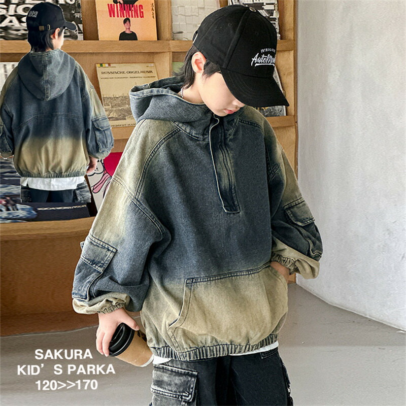 デニム パーカー ハーフジップ アウター デニムパーカー トップス キッズ 子供服 子ども服 男の子 ボーイズ ノラックパーカー ロング Gジャン デニムパーカー 羽織 お尻が隠れる フーディー ドロップショルダー ビッグ グラデーション 大きいサイズ 青 春 冬画像
