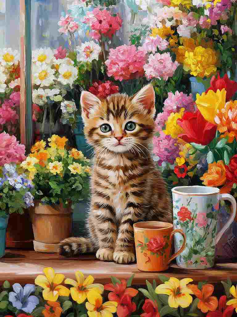 ダイヤモンドペインティングキット 猫と花の風景 90㎝×65cm DAC ダイヤモンドアート キット ペインティング 猫 ヴィンテージ風