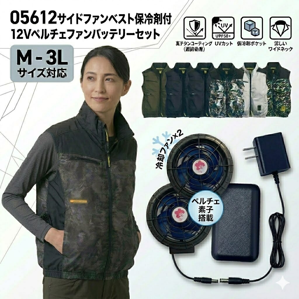 【2026新商品・5/8出荷開始】【M-3Lサイズ】【12Vペルチェファンバッテリーセット】シンメン 05612 サイドファンベスト 襟裏保冷剤1個付 SBT-07R 12Vペルチェファンバッテリーセット　ネックアイス1個付き 遮熱 空調作業服 ポリ 100％