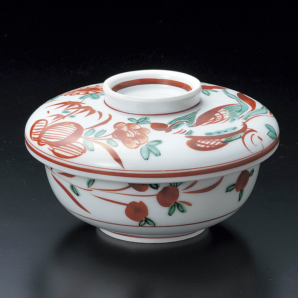 11cm 赤絵花鳥万暦 蓋付碗 11.4ｘ8.5cm 日本製 具だくさんの茶碗むし 温かい蒸し物 ヘルシーな蒸し料理 平型碗 煮物碗 蓋もの 蒸し碗 蓋物 大き目茶碗蒸し容器