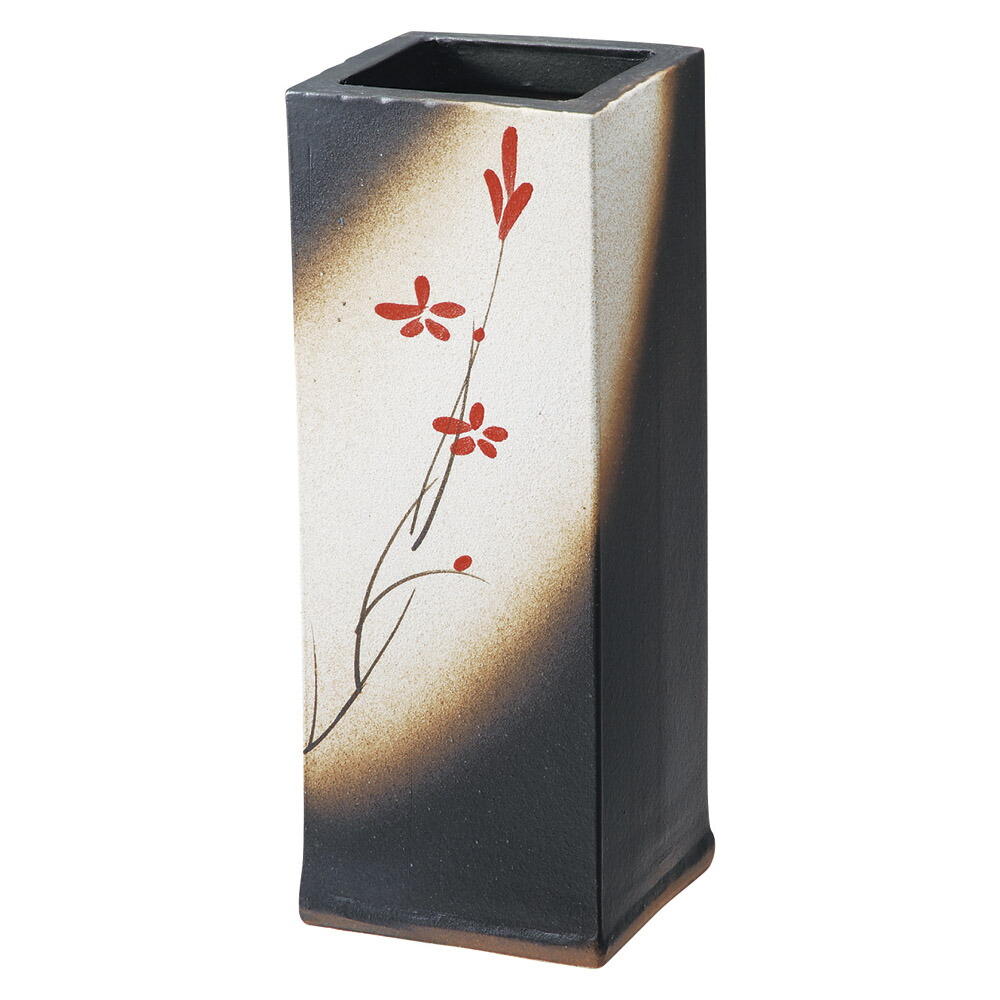 信楽焼 赤絵花 角形傘立 花生け17ｘ17ｘ46糎 傘たて 美術御花 花生け 大型花立て